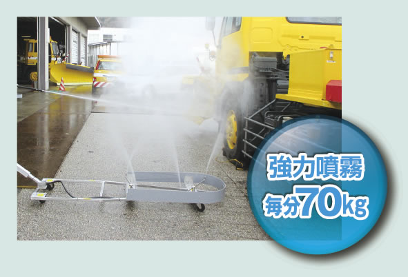 大きな台座に付いた強力なジェット噴霧（毎分70ｋｇ）で車両下部を一度に高圧洗浄ができる。
